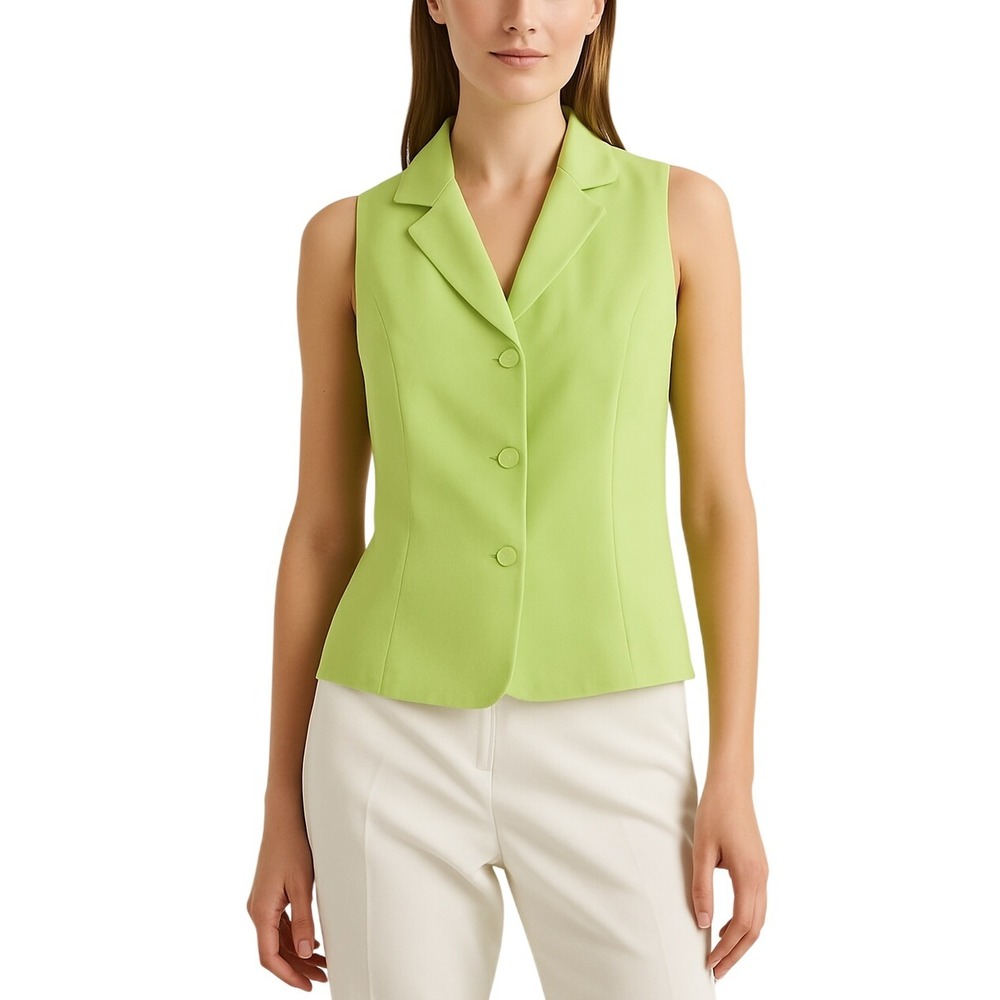 Lafayette 148 New York Lime Green Silk Sleeveless Collared Button Up Vest